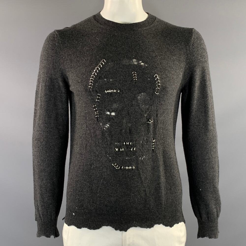 ALEXANDER MCQUEEN AW17 Grey Distressed Wool Cashmere Crew Neck Sweater Size L